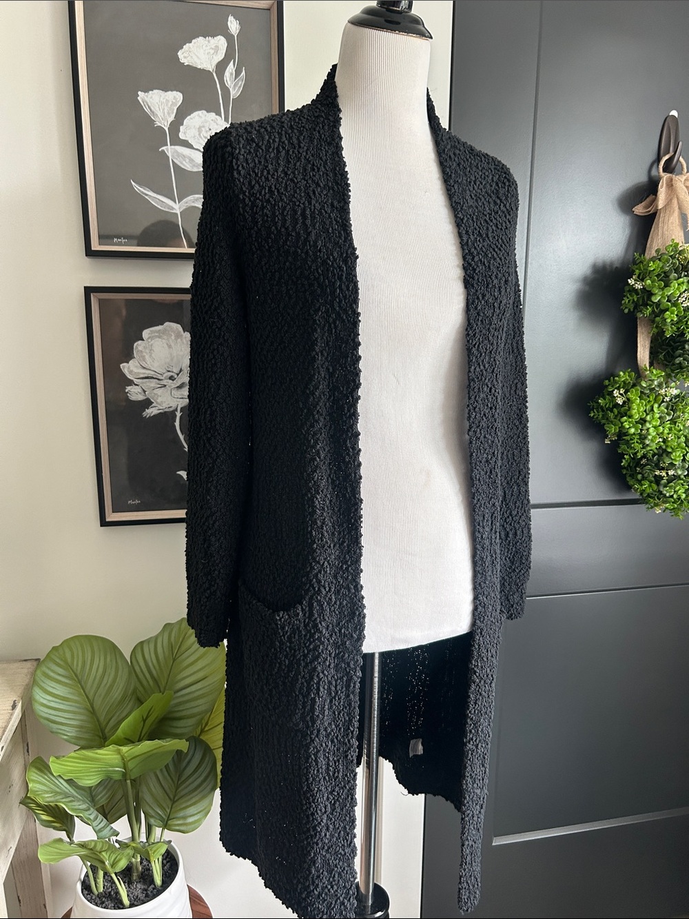 🌹 M Black Open-Front Bouclé Long Cardigan Teddy warm Sweater